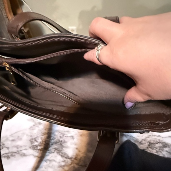 Gray and Brown Satchel with Structured Design and Leather Handles - Picture 7 of 9